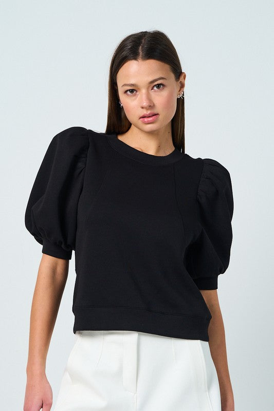 BLACK PUFF SLEEVE KNIT TOP SHORT SLEEVE