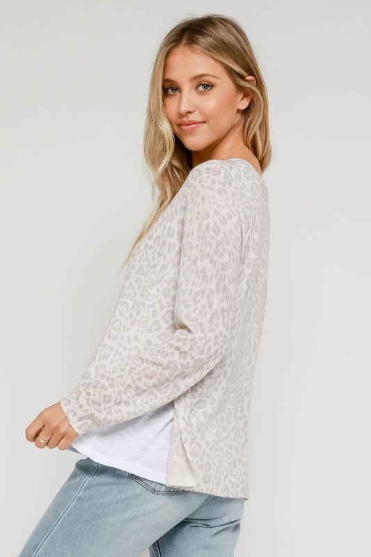 CREAM GREY TAUPE LEOPARD LAYERED SWEATER FINAL SALE