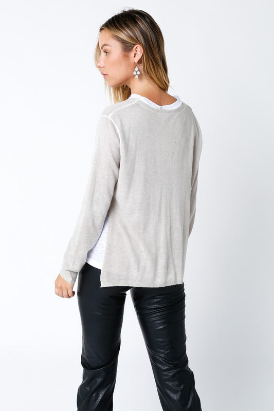 OLIVACEOUS MEGAN KHAKI DOUBLE LAYER ILLUSION SWEATER