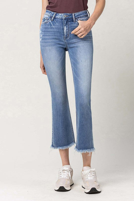 VERVET PENNY HIGH RISE CROPPED KICK FLARE FRAYED HEM