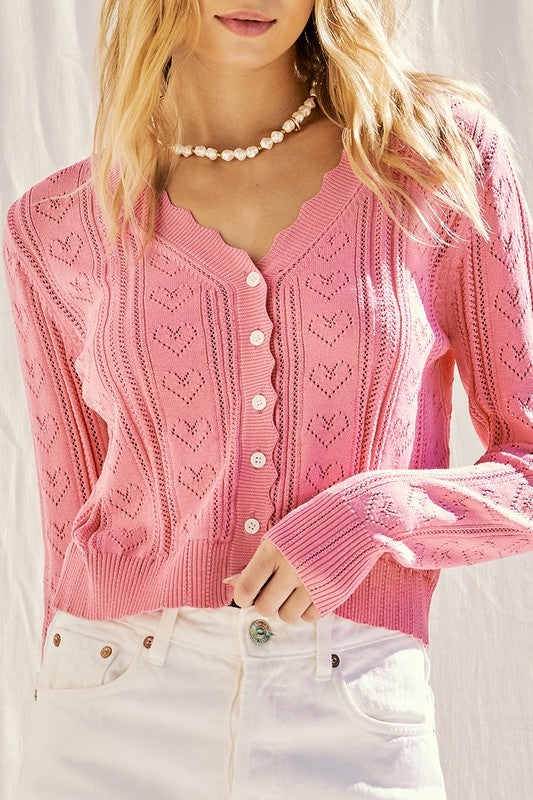 PINK KNIT POINTELLE HEART CARDIGAN