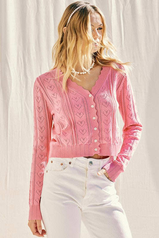 PINK KNIT POINTELLE HEART CARDIGAN