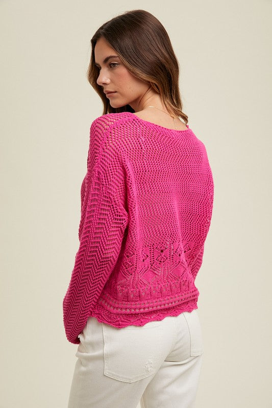 FUCHSIA CROCHET OPEN-KNIT SWEATER