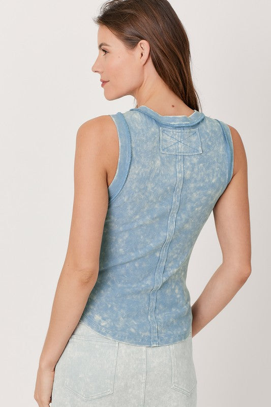 EXPOSED SEAM MINERAL WASHED TANK DENIM BLUE