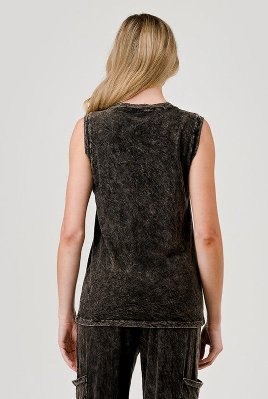 HASHTTAG MINERAL DYED MUSCLE TANK TOP BLACK