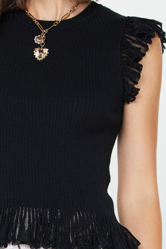 CURRENT AIR BLACK FLUTTER SLEEVE POINTELLE TOP