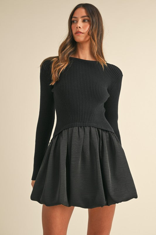 BLACK COMBO SWEATER MINI DRESS BUBBLE SKIRT