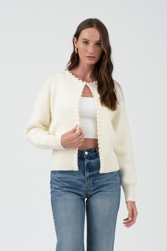 PEARL TRIM KNIT CARDIGAN CREAM
