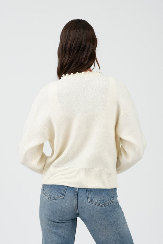 PEARL TRIM KNIT CARDIGAN CREAM