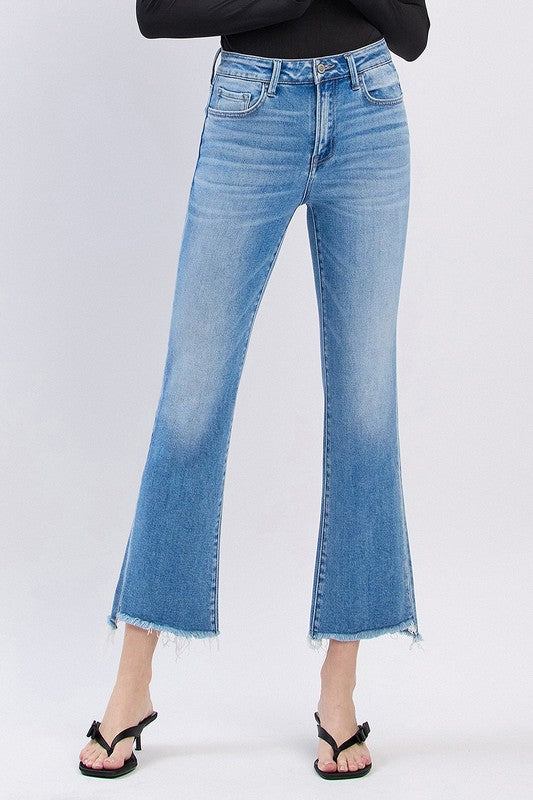 FLYING MONKEY HIGH RISE SLANT RAW HEM ANKLE FLARE JEAN CARRIE