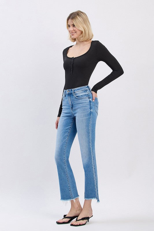 FLYING MONKEY HIGH RISE SLANT RAW HEM ANKLE FLARE JEAN CARRIE