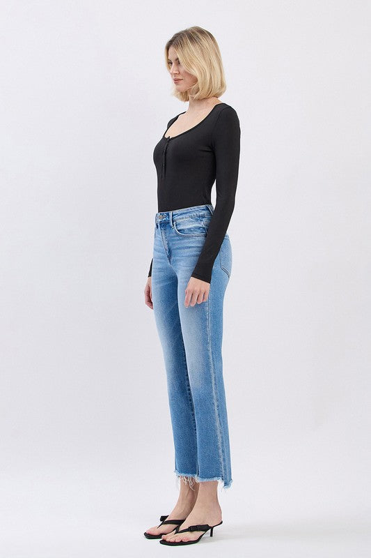 FLYING MONKEY HIGH RISE SLANT RAW HEM ANKLE FLARE JEAN CARRIE