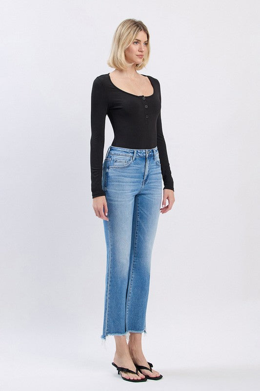 FLYING MONKEY HIGH RISE SLANT RAW HEM ANKLE FLARE JEAN CARRIE