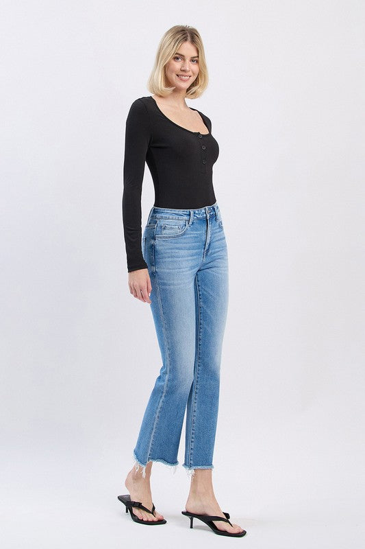 FLYING MONKEY HIGH RISE SLANT RAW HEM ANKLE FLARE JEAN CARRIE