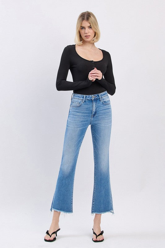 FLYING MONKEY HIGH RISE SLANT RAW HEM ANKLE FLARE JEAN CARRIE