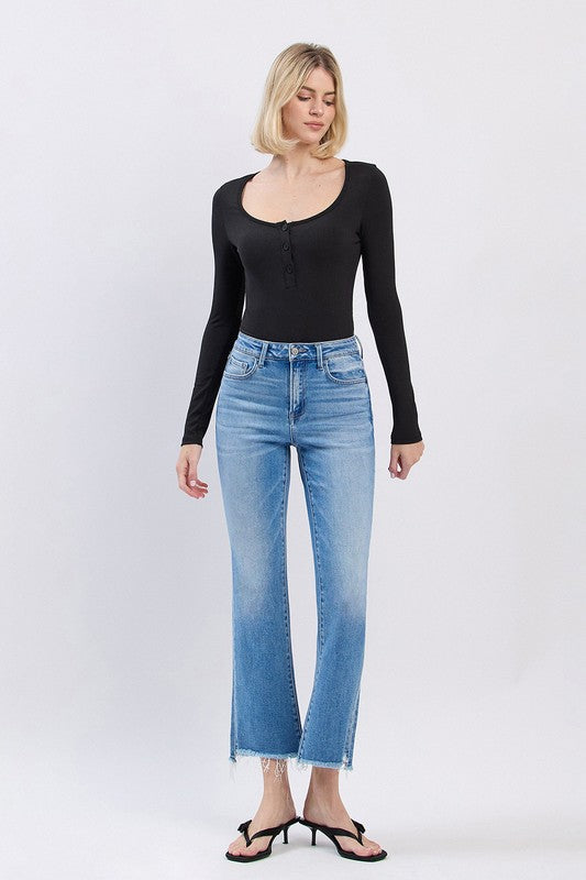 FLYING MONKEY HIGH RISE SLANT RAW HEM ANKLE FLARE JEAN CARRIE