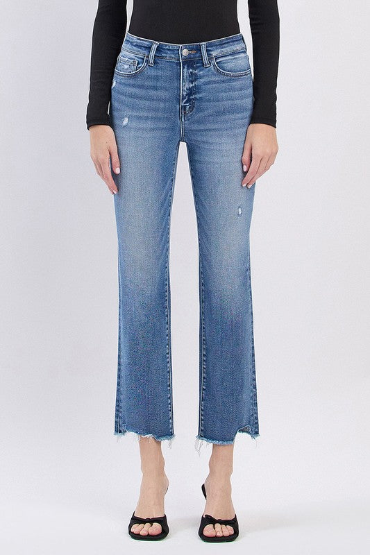 LOVERVET HIGH RISE UNEVEN RAW HEM SLIM STRAIGHT JEANS ANNABEL