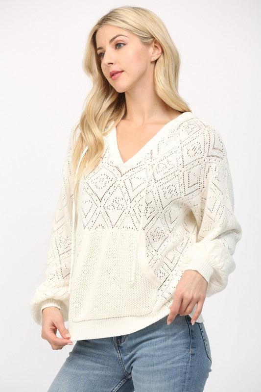 FATE CREAM POINTELLE KNIT HOODED SWEATER