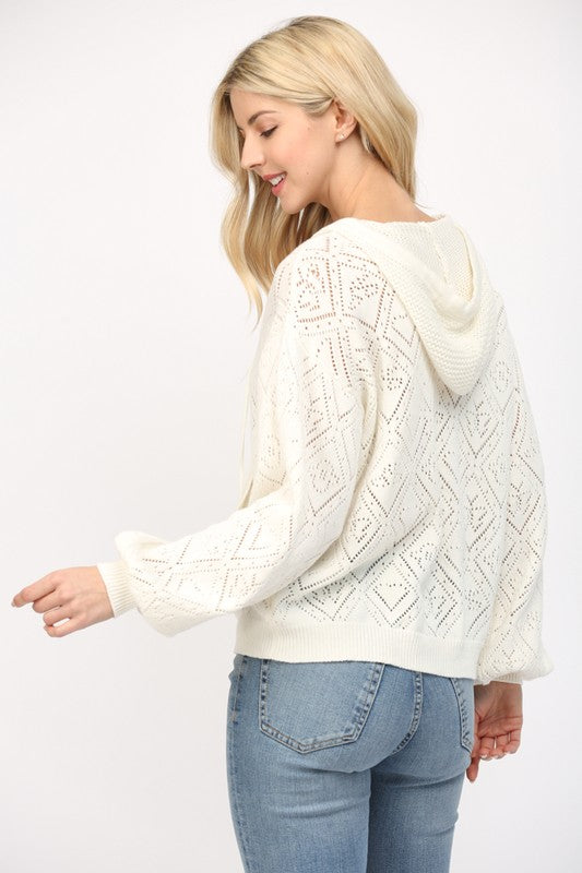 FATE CREAM POINTELLE KNIT HOODED SWEATER