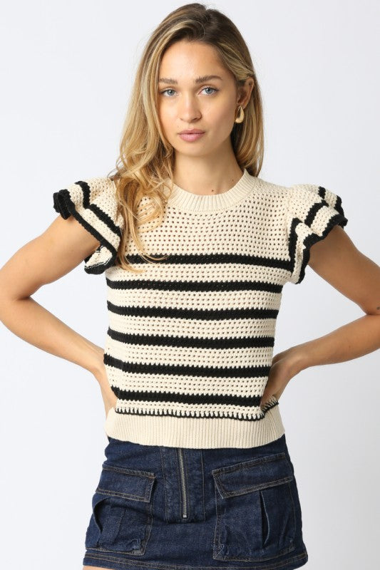 OLIVACEOUS NATURAL BLACK ABIGAIL RUFFLED SHORT SLEEVE SWEATER