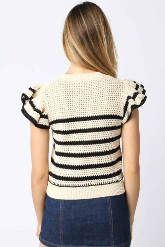 OLIVACEOUS NATURAL BLACK ABIGAIL RUFFLED SHORT SLEEVE SWEATER