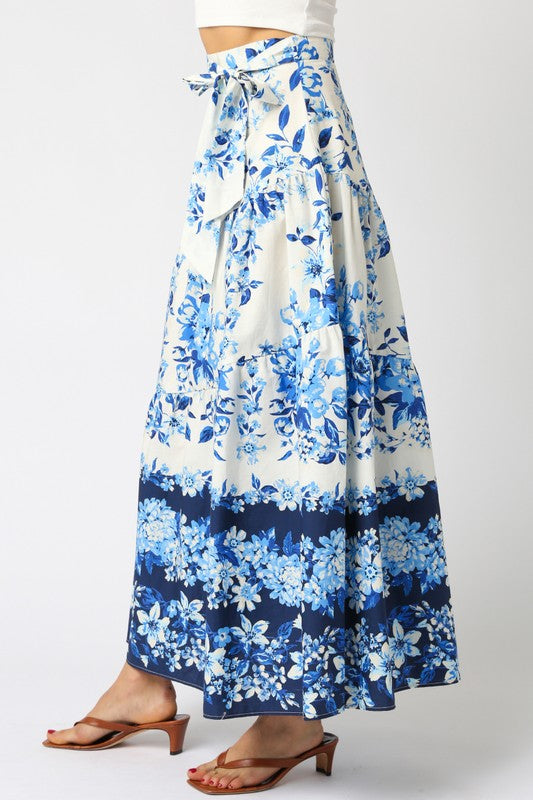 OLIVACEOUS FIONA BLUE WHITE FLORAL MAXI SKIRT