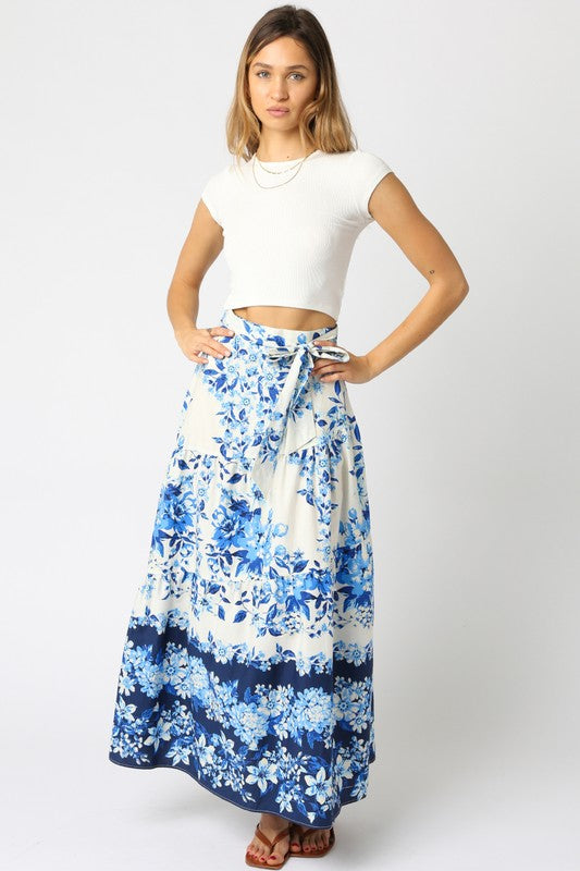 OLIVACEOUS FIONA BLUE WHITE FLORAL MAXI SKIRT