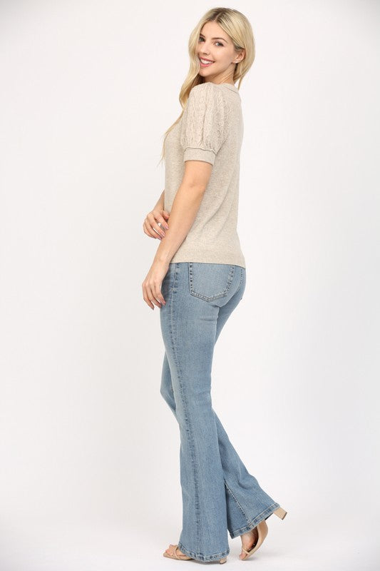 FATE OATMEAL CASHMERE BLEND SHORT SLEEVE SWEATER