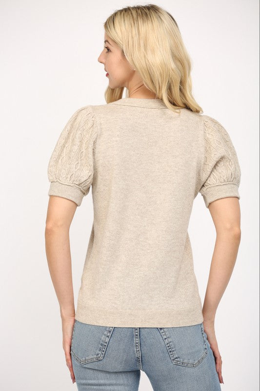FATE OATMEAL CASHMERE BLEND SHORT SLEEVE SWEATER