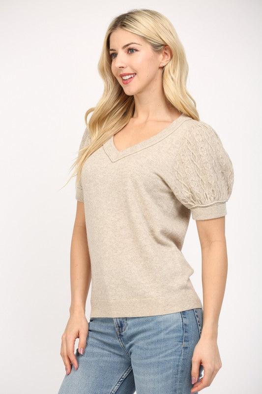 FATE OATMEAL CASHMERE BLEND SHORT SLEEVE SWEATER