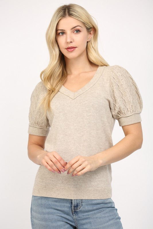 FATE OATMEAL CASHMERE BLEND SHORT SLEEVE SWEATER