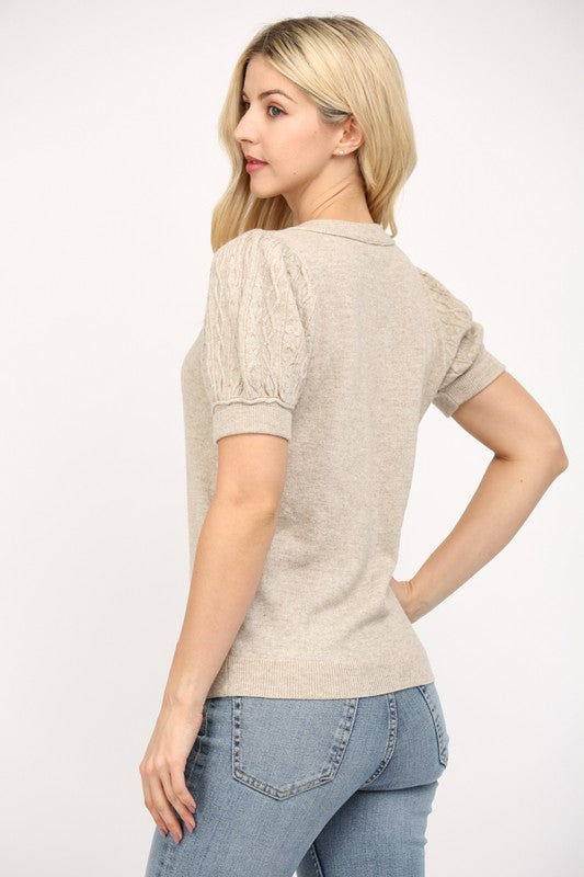 FATE OATMEAL CASHMERE BLEND SHORT SLEEVE SWEATER