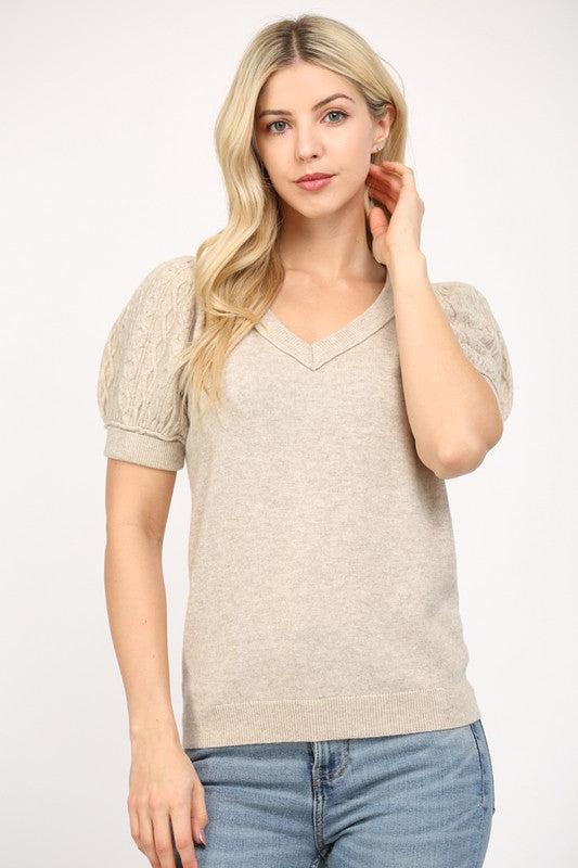 FATE OATMEAL CASHMERE BLEND SHORT SLEEVE SWEATER