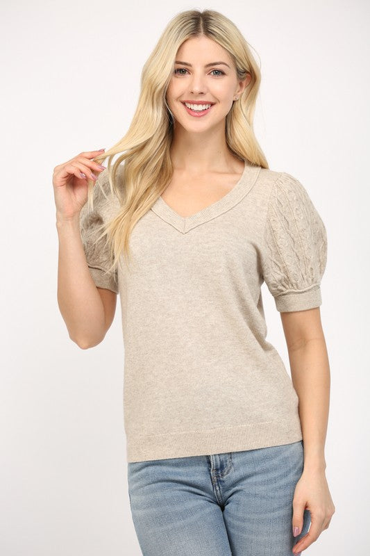 FATE OATMEAL CASHMERE BLEND SHORT SLEEVE SWEATER