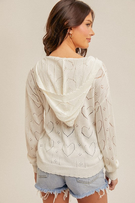 HEART POINTELLE HOODED SWEATER OFF WHITE