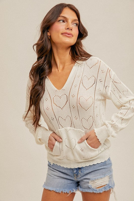 HEART POINTELLE HOODED SWEATER OFF WHITE