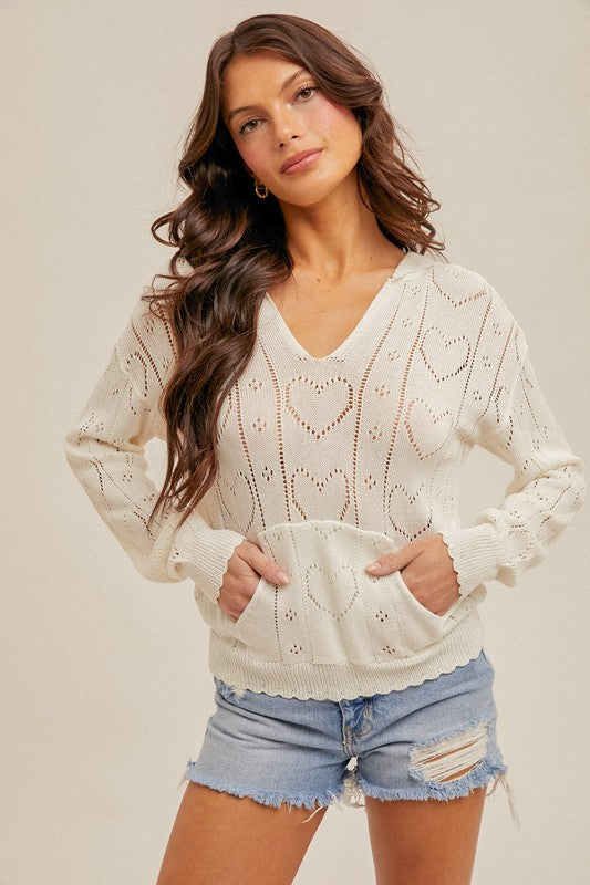 HEART POINTELLE HOODED SWEATER OFF WHITE