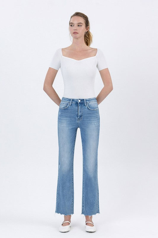 LOVERVET HIGH RISE UNEVEN RAW HEM KICK FLARE SCARLETT