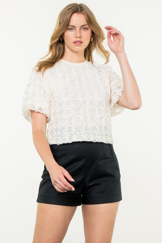 THML CREAM PUFF SLEEVE TEXTURED TOP TIE BACK