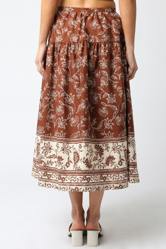 OLIVACEOUS BELLA BROWN CREAM MIDI SKIRT FINAL SALE