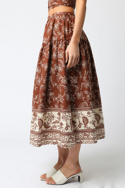 OLIVACEOUS BELLA BROWN CREAM MIDI SKIRT FINAL SALE