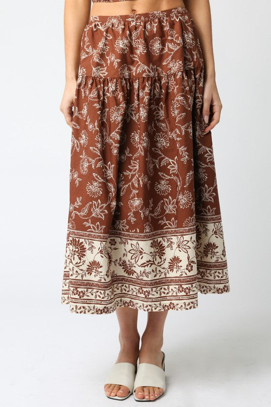 OLIVACEOUS BELLA BROWN CREAM MIDI SKIRT FINAL SALE