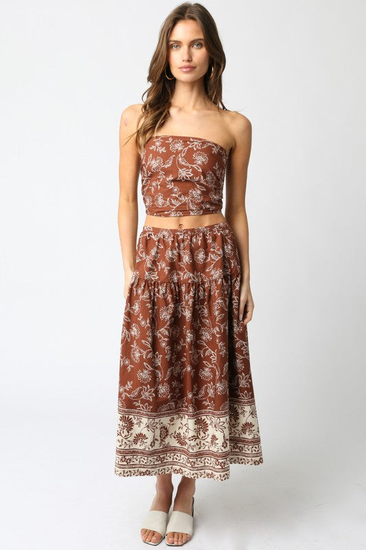 OLIVACEOUS BELLA BROWN CREAM MIDI SKIRT FINAL SALE