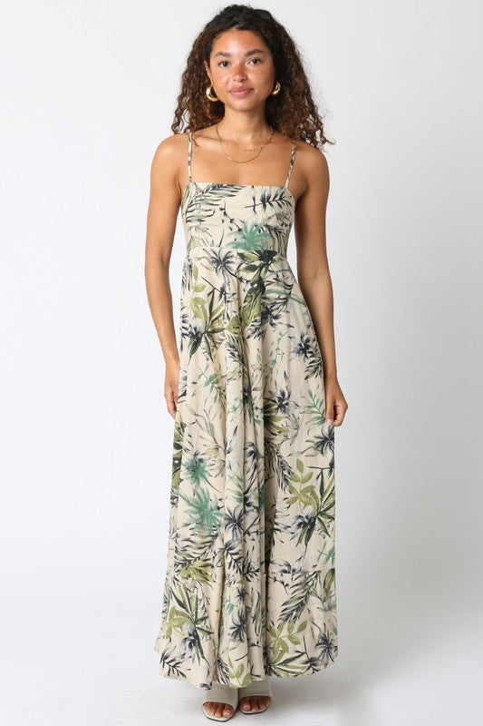 BEIGE OLIVE TROPICAL MIX DRESS JOSIE