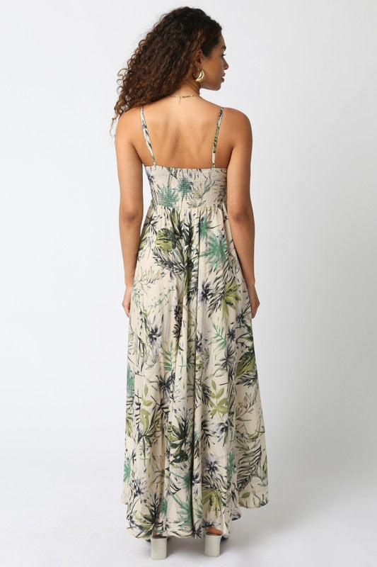 BEIGE OLIVE TROPICAL MIX DRESS JOSIE