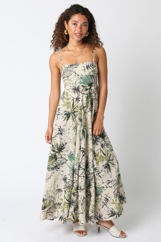 BEIGE OLIVE TROPICAL MIX DRESS JOSIE