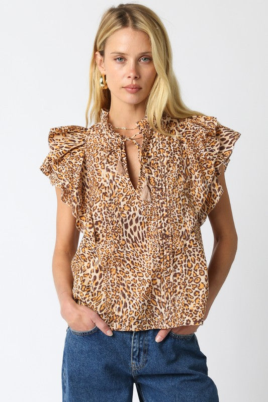 OLIVACEOUS NADIA LEOPARD RUFFLE SHIRT