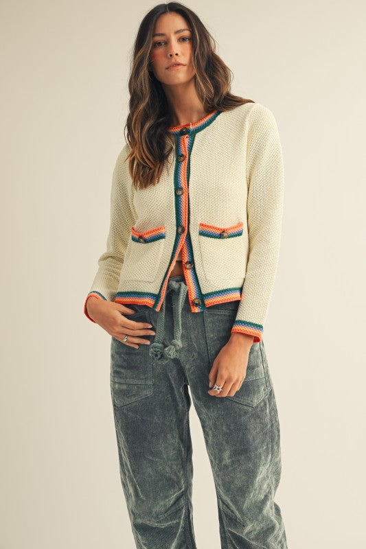 IVORY RAINBOW TRIM SWEATER CARDIGAN
