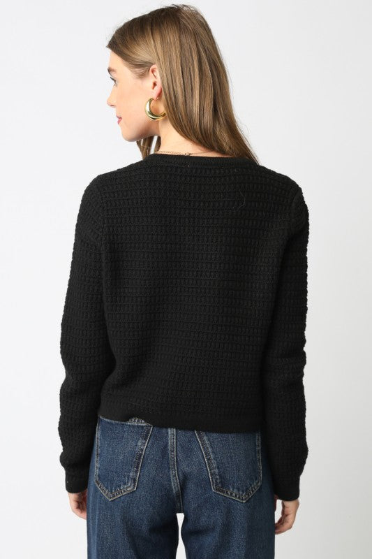 OLIVACEOUS BLACK MAGGIE KNIT BUTTON CARDI SWEATER