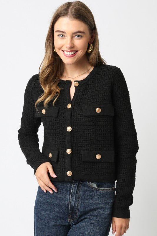 OLIVACEOUS BLACK MAGGIE KNIT BUTTON CARDI SWEATER